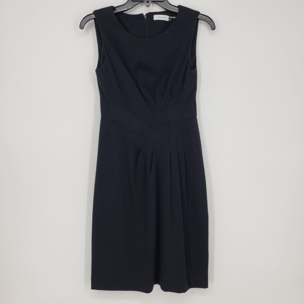 Calvin Klein Origami Pleated Sheath Dress 2 Sleeveless Ponte Knit Work Black